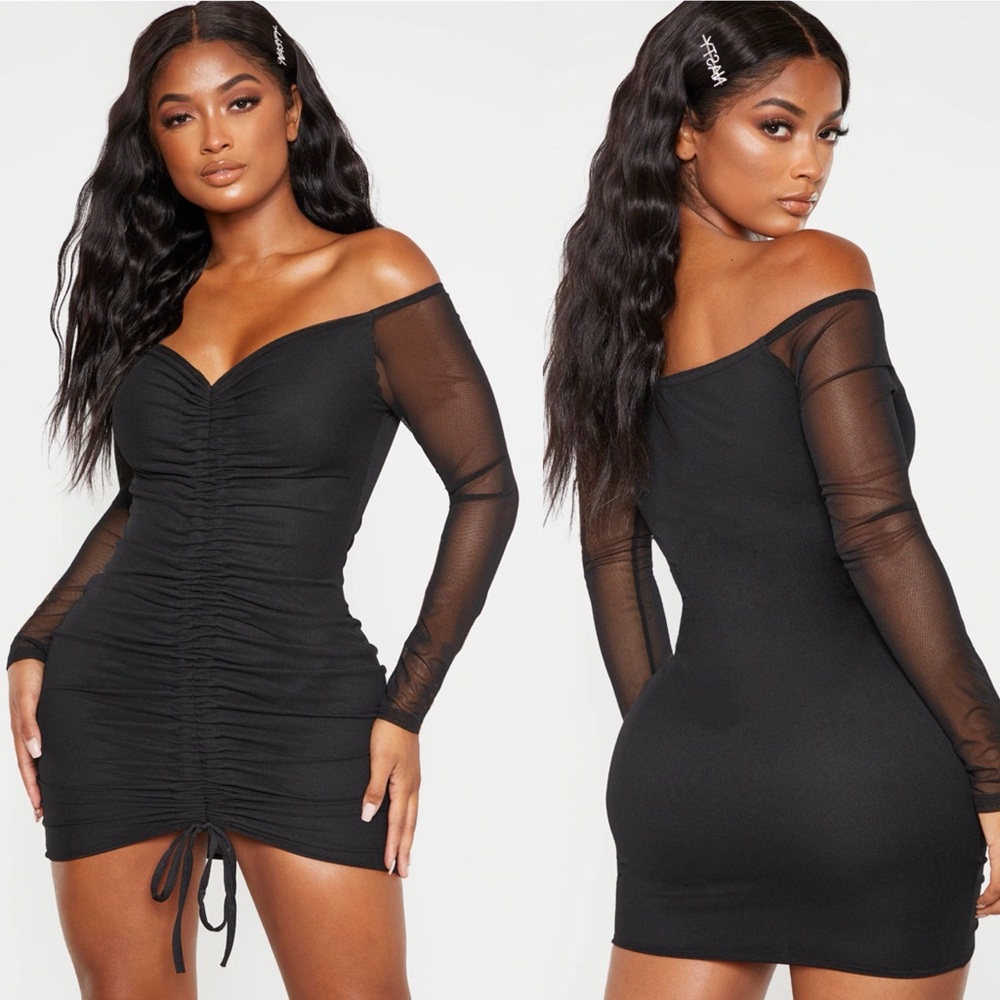 NWT Pretty Little Thing 6 Shape Black Mesh Ruched Bardot Bodycon Dress